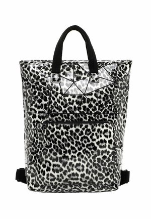 Black and white geometric-patterned tote bag featuring a glossy finish, dual top handles, and a front zip pocket. Adjustable shoulder straps included.