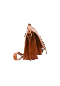 Borsa a spalla in pelle marrone chiaro con una cerniera laterale, tracolla regolabile e tre scomparti. Texture liscia con dettagli in ottone.