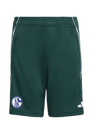 Shorts de sport vert foncé avec taille élastique, bandes blanches sur les côtés, logo Schalke 04 bleu et blanc sur la jambe gauche, et logo Adidas blanc sur la jambe droite.