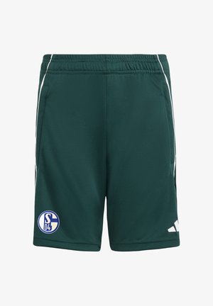 Pantaloncini sportivi verde scuro con fascia elastica in vita, strisce laterali bianche, logo dello Schalke 04 blu e bianco sulla gamba sinistra e logo Adidas bianco sulla gamba destra.
