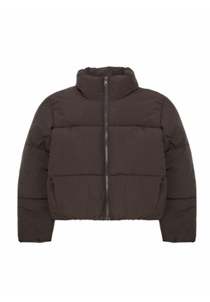 Brown cropped puffer jacket with a high collar, featuring horizontal quilted sections and a front zipper. Smooth, durable fabric.