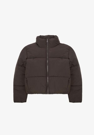 Brown cropped puffer jacket with a high collar, featuring horizontal quilted sections and a front zipper. Smooth, durable fabric.