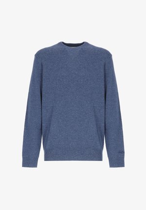 Maglione blu a girocollo in lana con maniche lunghe e polsini e orlo a coste, mostrato su uno sfondo bianco.