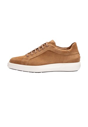 Brown suede low-top sneaker with brown laces and white thick rubber sole, shown from the side on a white background.