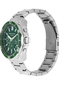 Orologio in acciaio inox con quadrante verde, dettagli argentati e funzioni di cronografo. Indicatori delle ore audaci e cassa rotonda. Impermeabile fino a 100 metri.