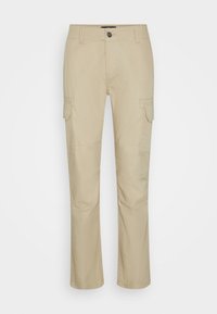 Beige cargo kalhoty s rovným střihem, dvěma bočními kapsami a zapínáním na knoflík. Vyrobeny z lehké tkaniny s jemnou texturou.
