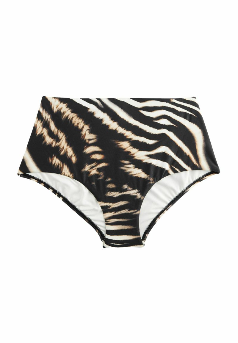 Bikini o wysokim stanie w czarno-beżowy wzór zebry, wykonany z elastycznego materiału o gładkiej teksturze i kontrastową podszewką.