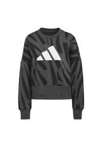 Felpa grigia corta con un motivo a strisce di tigre nere, caratterizzata da un grande logo bianco Adidas sulla parte anteriore e polsini a costine.