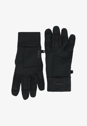 Schwarze Handschuhe aus dehnbarem Material, mit einer glatten Textur, verstellbarem Bündchen und einem Logo-Print im Handgelenkbereich.