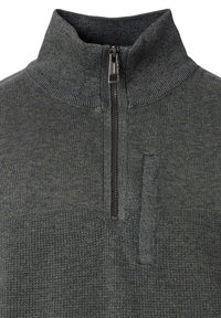 Fleece-Pullover mit hohem Kragen, dunkelgraue Farbe, ausgestattet mit einem halblangen Reißverschluss und strukturiertem Strickmuster am Körper.