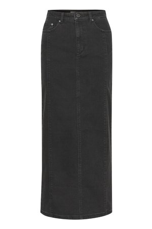 Gonna maxi in denim nero con taglio dritto, due tasche frontali e chiusura a bottoni in vita. Presenta cuciture lungo le cuciture e l'orlo.