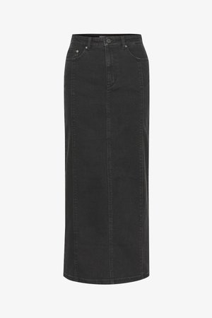 Černá džínsová maxi sukně s rovnym střihem, dvěma předními kapsami a knoflíkovým zapínáním v pase. Obsahuje prošívání podél švů a lemů.