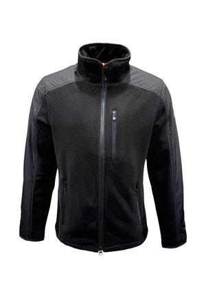 Schwarze Fleece-Jacke mit Reißverschluss, die einen hohen Kragen, Reißverschlusstaschen und Kontrastmaterial an den Schultern aufweist. Weiche Textur.