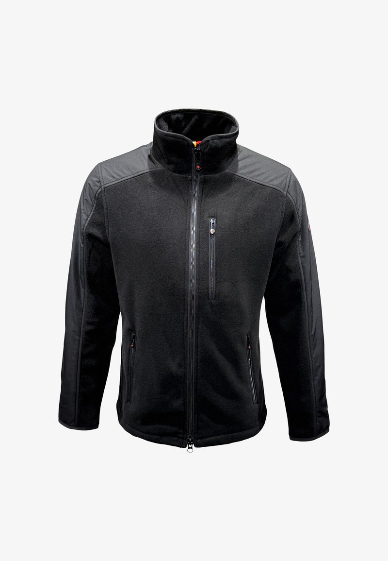 Schwarze Fleece-Jacke mit Reißverschluss, die einen hohen Kragen, Reißverschlusstaschen und Kontrastmaterial an den Schultern aufweist. Weiche Textur.