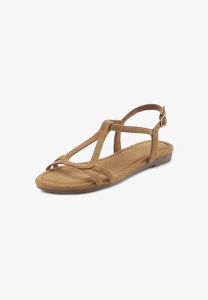 Brown suede sandal featuring a T-strap design, adjustable ankle strap, flat sole, and soft cushioned footbed for comfort.