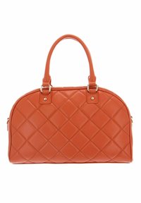 Borsa a tracolla arancione trapuntata con parte superiore arrotondata, doppi manici e dettagli in metallo color oro. Texture in pelle liscia con un motivo a diamante.