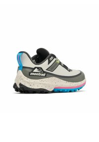 Herren Trailrunning-Schuhe aus grauem Mesh mit schwarzen Akzenten, mit einer gesprenkelten Creme-Mittelsohle und einer bunten blauen und rosa Außensohle.