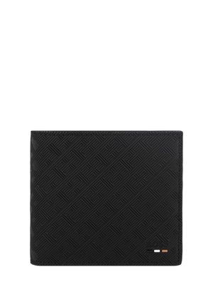 Black wallet made of textured leather, featuring a woven pattern and a small logo accent with three colored dots at the bottom right corner.