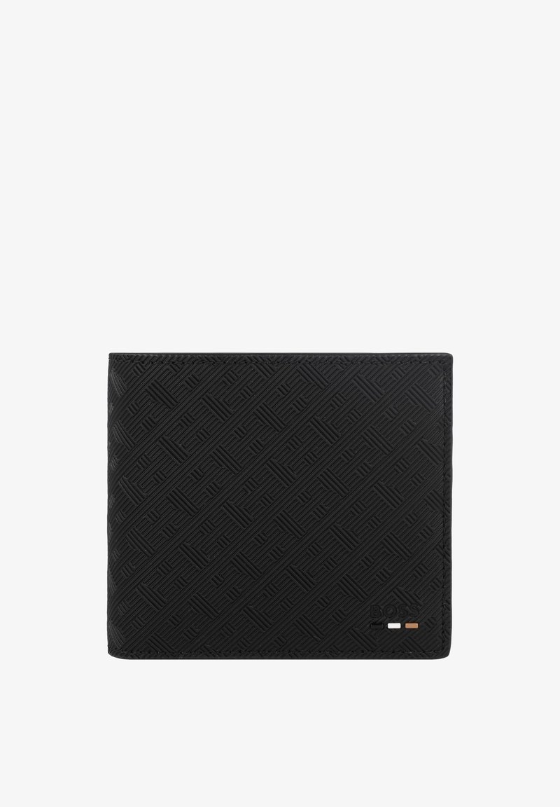 Black wallet made of textured leather, featuring a woven pattern and a small logo accent with three colored dots at the bottom right corner.