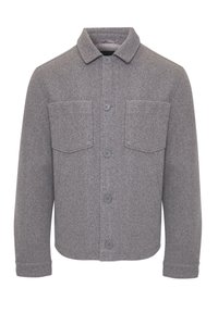 Szary wełniany płaszcz z kołnierzem, zapięciem na guziki z przodu oraz dwoma kieszeniami na piersiach. Charakteryzuje się miękką, teksturowaną powierzchnią.