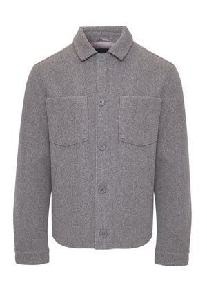 Szary wełniany płaszcz z kołnierzem, zapięciem na guziki z przodu oraz dwoma kieszeniami na piersiach. Charakteryzuje się miękką, teksturowaną powierzchni�ą.