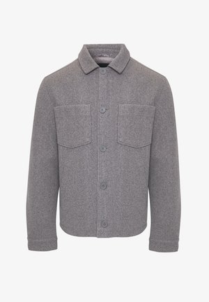 Grijze wollen jas met een kraag, sluiting met knopen aan de voorkant en twee borstzakken. Heeft een zachte, gestructureerde afwerking.