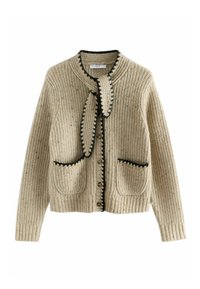 Beige Strickjacke mit strukturiertem Muster, schwarzem Saum und zwei vorderen Taschen. Verfügt über eine Krawatte am Kragen und einen Knopfverschluss.