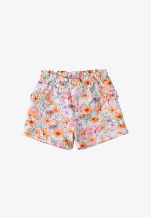 Shorts fleuris avec un fond blanc et des fleurs orange, roses et violettes. Taille élastique et une poche sur le côté avec un détail volanté.