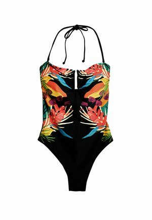 Czarny jednoczęściowy strój kąpielowy z jaskrawym tropikalnym wzorem kwiatowym na korpusie, z wiązaniami na szyi oraz marszczeniem u góry i z tyłu.