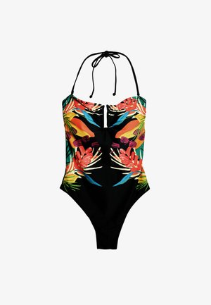 Černé jednodílné plavky s jasným tropickým květinovým vzorem na korpusu, s uvazováním za krk a nabíranými detaily nahoře a vzadu.