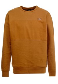 Hnědá mikina vyrobená z měkké tkaniny s kulatým výstřihem, ribbenými manžetami a lemem, a s obdélníkovou nášivkou loga na hrudi.