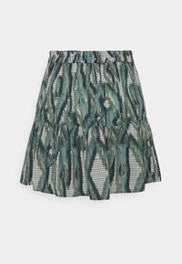 Tryckt kjol med en vågig design, elastisk midjeband och ett abstract mönster i grönt, blått och beige på en texturerad tyg.