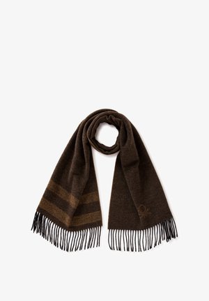 Écharpe en laine brun foncé avec deux rayures verticales brun clair, bords frangés et texture douce. Présente un logo de marque discret près des franges.