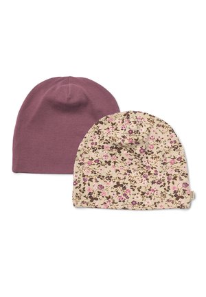 To bløde stofhuer, den ene ensfarvet mauve og den anden cremefarvet med et lille pink og lilla blomsterprint, vist på hvid baggrund.