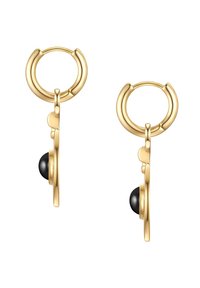 Zlatne naušnice u obliku prstena s kružnim dizajnom i crnim perlicama u akcentu. Naušnice imaju glatku teksturu i sjajnu završnu obradu.