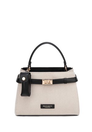Sac à main en tissu beige avec poignée en cuir noir, bandoulière et petite pochette, avec fermoir doré et plaque logo Diana & Co Firenze.