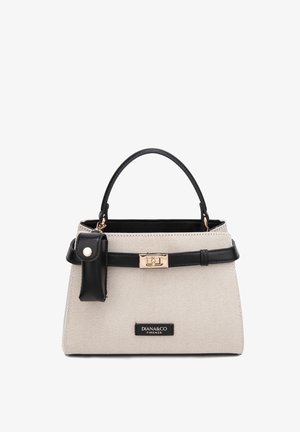 Beige stoffen handtas met zwart leren handvat, riem en klein etui, met goudkleurige sluiting en Diana & Co Firenze-logo plaatje.