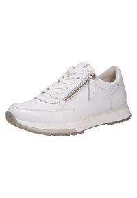 Weiße Leder-Sneaker mit strukturiertem Finish, einem Reißverschluss an der Seite, traditioneller Schnürung und einer hellgrauen Gummisohle.