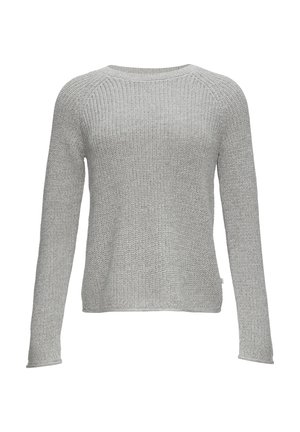 Jasnoszary sweter dziany z długimi rękawami, okrągłym dekoltem i fakturą ribbed. Posiada luźny krój oraz subtelne detale szycia.