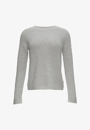 Svetlo šedý pletený sveter s dlhými rukávmi, okrúhlym výstrihom a ribovanou textúrou. Má voľný strih a jemné švy.