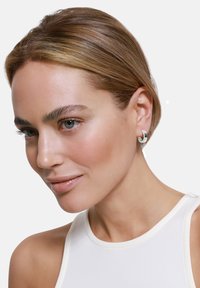 Orecchini a cerchio argentati con un design elegante e minimalista, indossati da un modello su uno sfondo neutro, che mette in risalto la loro superficie lucida e riflettente.