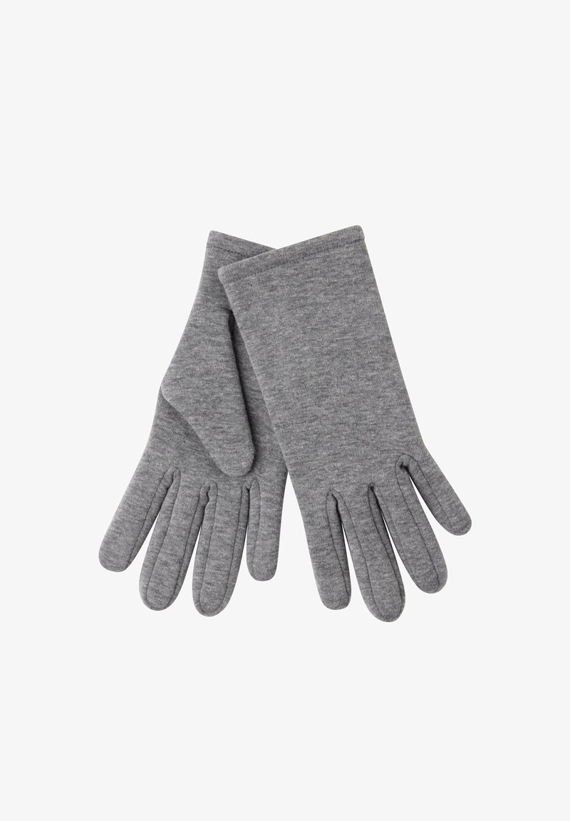 Grå bomuldshandsker med en glat tekstur, der har fem fingre og et enkelt design. Området ved håndleddet er let forlænget for bedre dækning.