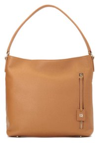 Sac à bandoulière en cuir fauve avec une poignée unique et une poche zippée verticale sur le côté avant droit, avec une petite étiquette logo.