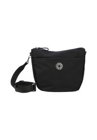 Sort nylon crossbody taske med lynlås, justerbar rem og et rundt logoaccent på forsiden. Glat tekstur og struktureret form.