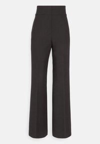 Pantalon noir taille haute, coupe droite à jambes larges, sans poches ni ornements visibles.
