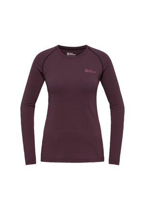 Chemise mauve à manches longues avec une texture côtelée et un col rond. Présente un petit logo sur le côté supérieur gauche. Fabriquée en tissu léger.