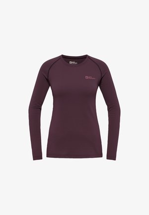 Maglietta a maniche lunghe color malva con una trama a costine e scollatura rotonda. Presenta un piccolo logo sul lato sinistro in alto. Realizzata in tessuto leggero.