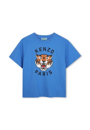 T-shirt bleu à manches courtes avec un motif de tigre rugissant et un texte noir indiquant ""KENZO PARIS"" à l'avant.