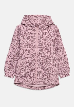 Jachetă roz cu fermoar și glugă, cu model leopard maro și manșete elastice, concepută pentru copii.