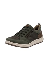 Green athletic shoes with a mesh and suede upper, featuring a side zipper, padded collar, and a contrasting light sole.